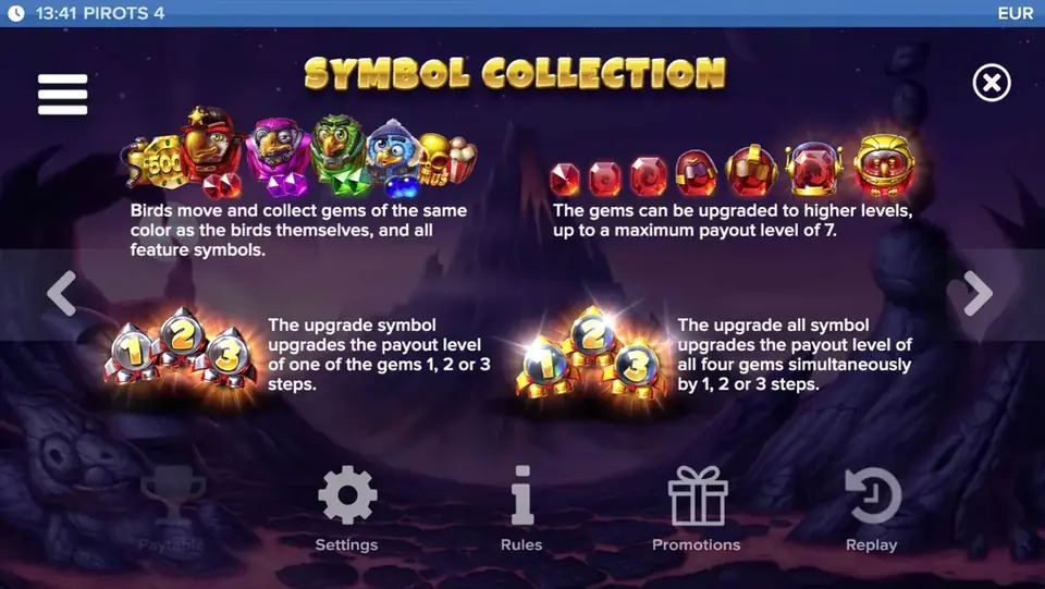 Pirots 4 paytable level 2 with symbols and values in Inferno