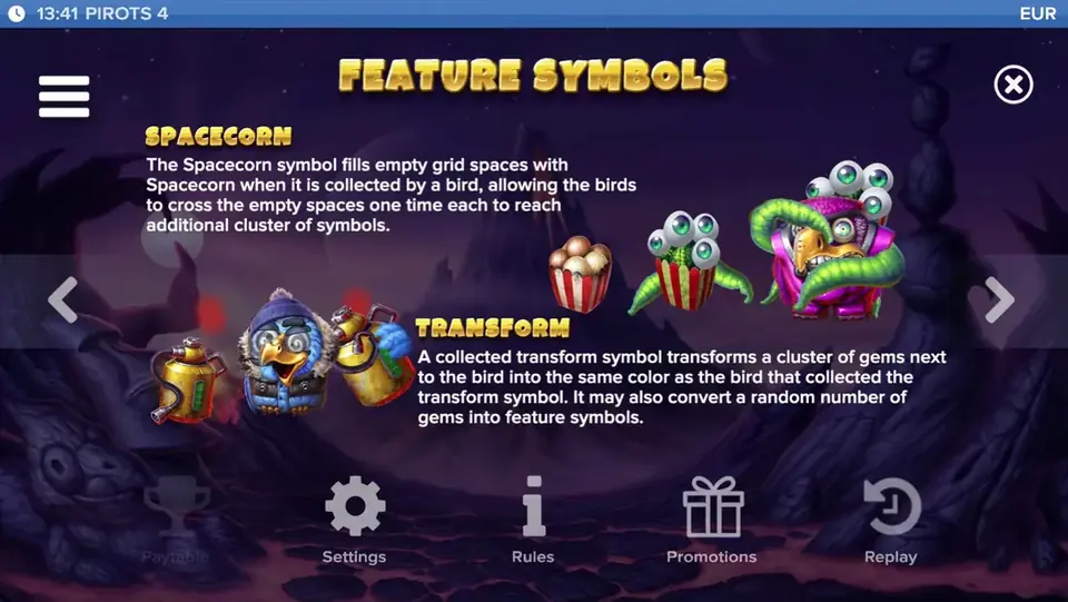 Pirots 4 paytable level 4 with symbols and values in Inferno