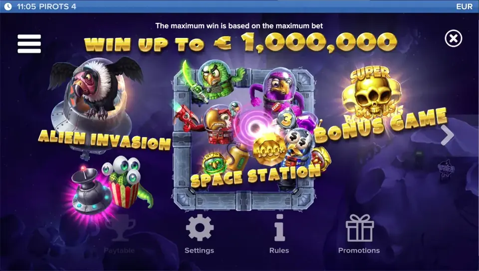 Pirots 4 paytable level 1 with symbols and values in Lost in Space