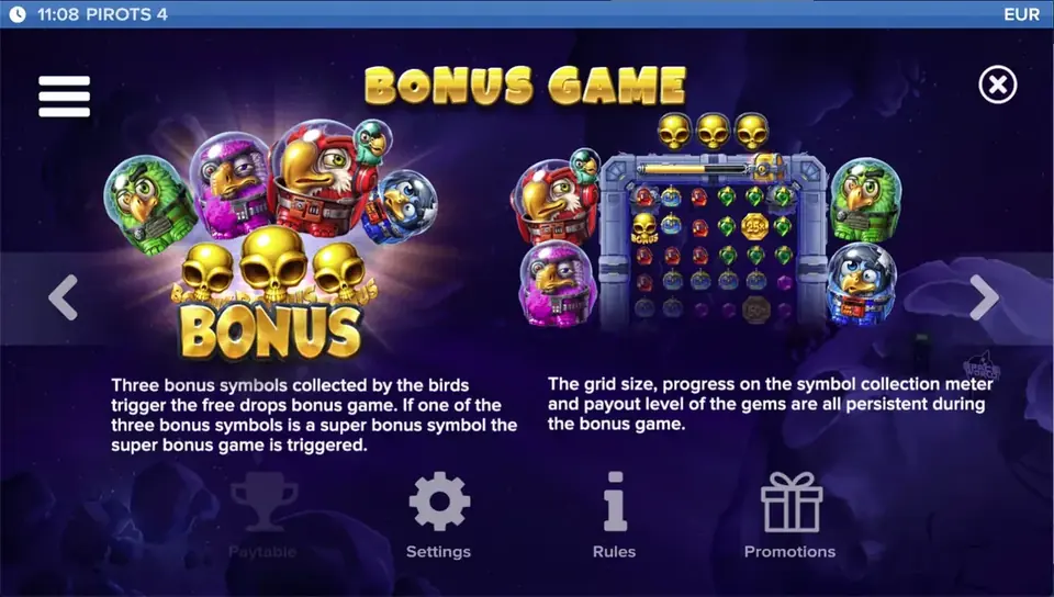 Pirots 4 paytable level 8 with symbols and values in Lost in Space