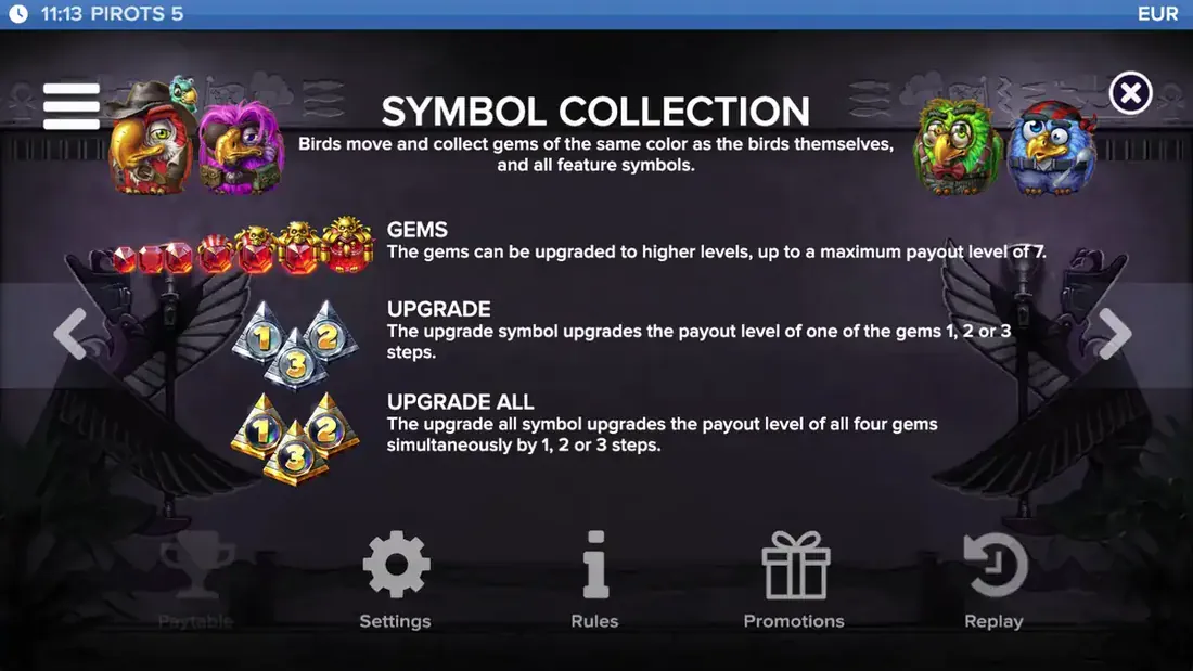 Pirots 5 paytable with gems and feature symbol values