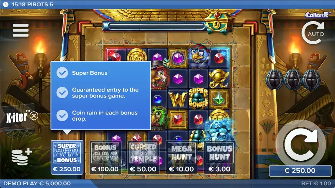 Pirots 5 X-iter feature buy menu with RTP and max win